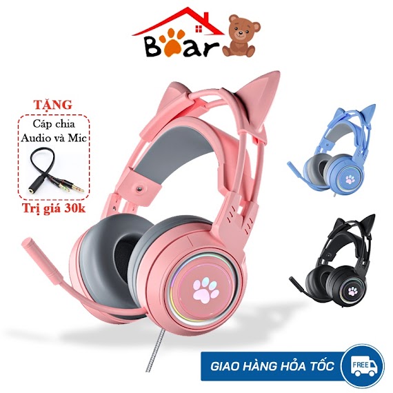 Tai Nghe Gaming Chụp Tai Tai Mèo Có Dây, Có Micro Và Đèn Led Chân Mèo. Headphone Cute Học Online, Chơi Game