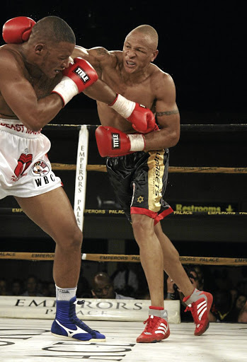 Isaac Chilemba, right, seen here in a previous bout against Vikapita Meroro, will be fighting for the WBA light heavyweight title in Atlantic City, US, on Sunday.