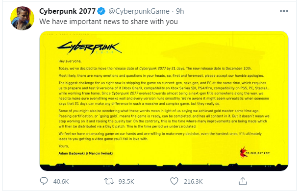 Cyberpunk 2077 lại bị trì hoãn đến ngày 10 tháng 12