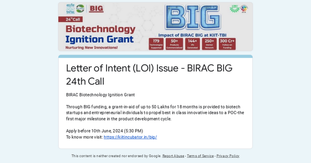 KIIT-TBI: LoI Issue for BIG 17th Call