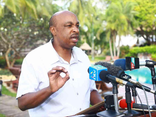 Government Spokesman Erick Kiraithe during a press conference at Serena beach hotel in Shanzu, Mombasa county, June 20, 2018. /JOHN CHESOLI