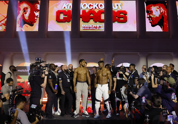 Antony Joshua and Francis Ngannou during the weigh-in at BLVD World, Riyadh, Saudi Arabia on March 7, 2024