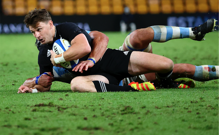 New Zealand's Beauden Barrett is tackled by Argentina's Tomas Lavanini during the rugby Championship match at the Suncorp Stadium in Brisbane on September 18