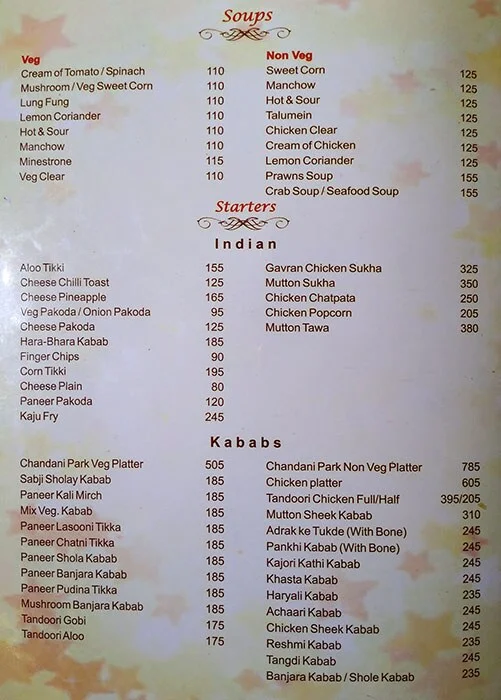 Chandani Park menu 