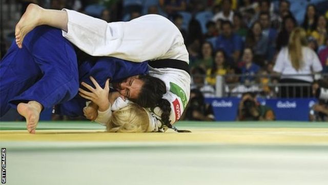 Lucija Breskovic of Croatia (white) battles with Naomi Soazo of Venezuela (blue) Womens - 70kg Judo Bronze Medal bout at the Rio Paralympic Games