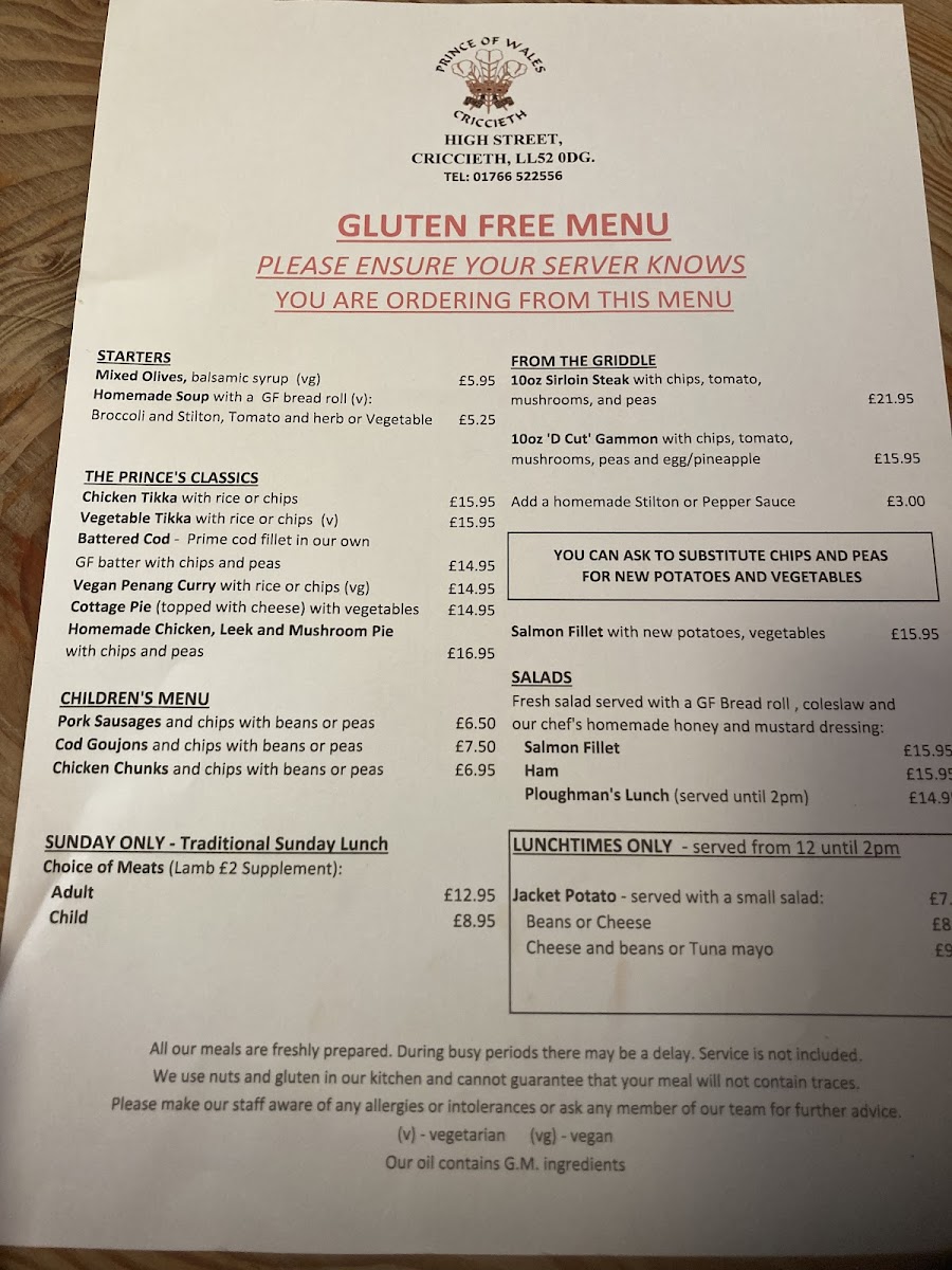 Prince Of Wales gluten-free menu