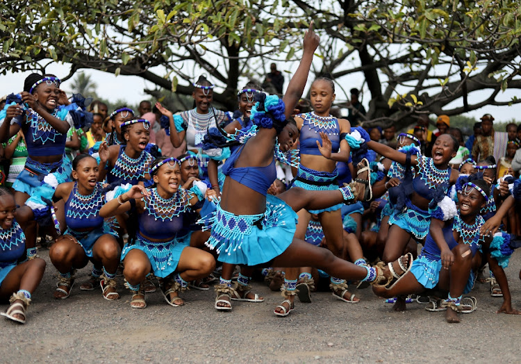 Oqhawekazi Blue Team perform during the second Ingoma Kazwelonke at Moses Mabhida People's Park in Durban