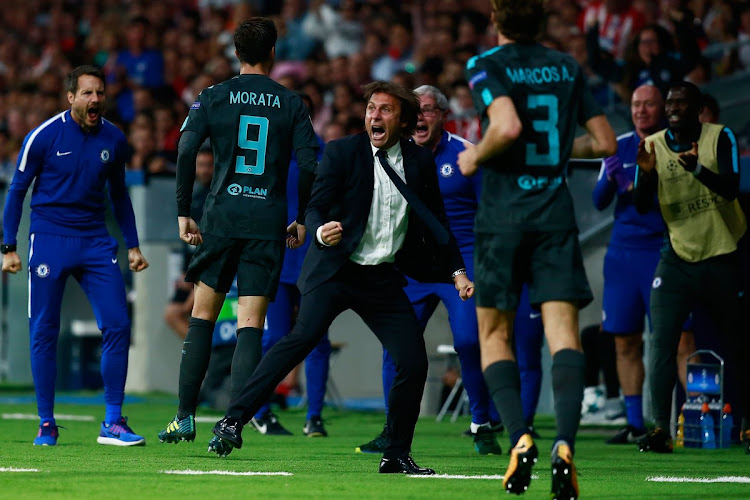 Chelsea coach Antonio Conte celebrates a goal during a Champions League match away at Atletico Madrid on Wednesday 27 September 2017.