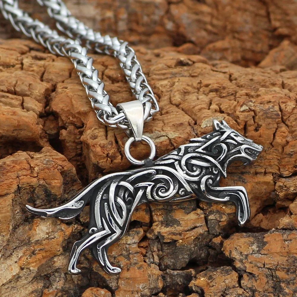 Title 4, Collier avec pendentif loup viking en acier ino...