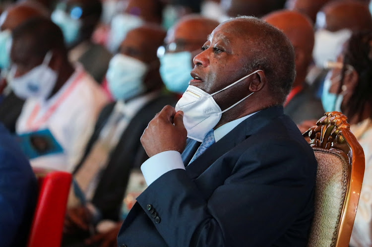 Ivory Coast's former President Laurent Gbagbo attends at a meeting to launch the formation of a new political party, at the Sofitel hotel, in Abidjan, Ivory Coast, on October 16, 2021.