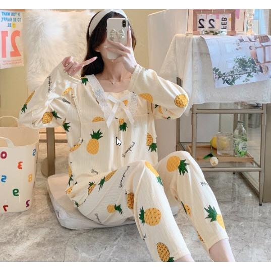 Bộ Đồ Bầu Cổ Bèo - Đồ Sau Sinh Cho Con Bú Ti Dài Tay, Quần Áo Cho Mẹ Thời Trang Đẹp Mặc Nhà Cotton Mùa Hè Giá Rẻ Bigsize