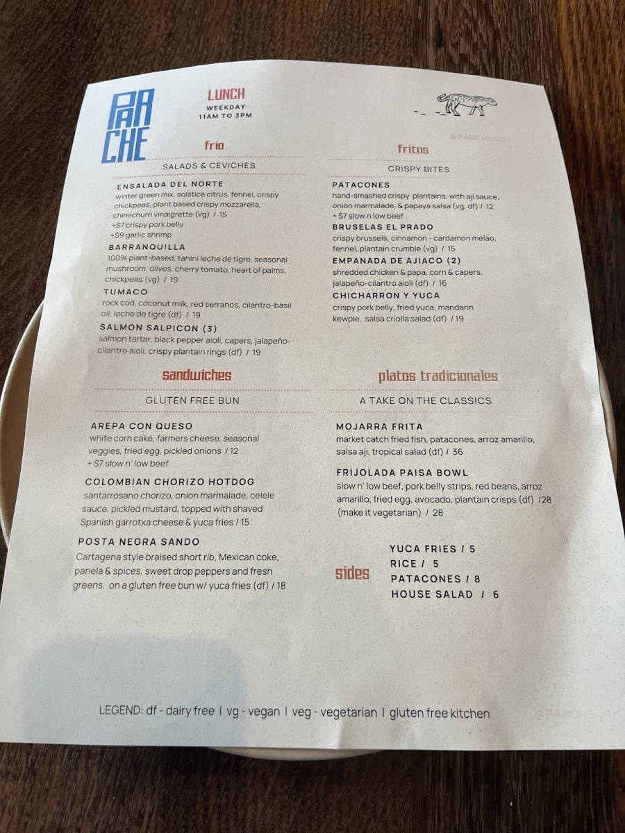 Parche gluten-free menu