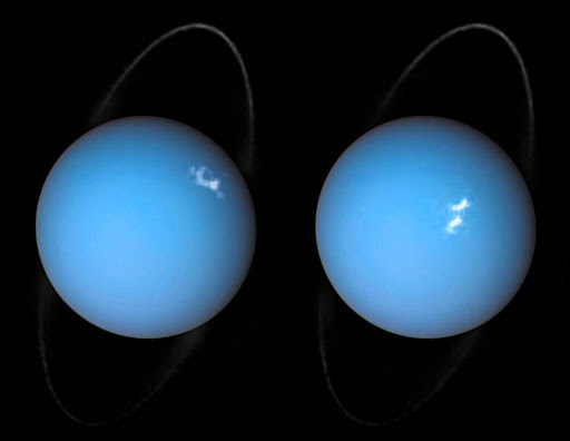 This is a composite image of Uranus by Voyager 2 and two different observations made by Hubble — one for the ring and one for the auroras.