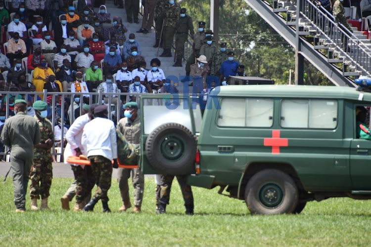 One of the parachuters from the Kenya Air Force was injured during the 58th Madaraka Day celebrations held at the Jomo Kenyatta International Stadium in Kisumu.