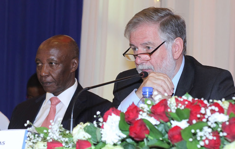 Britam Group MD Benson Wairegi and chairman Andrew Hollas during the 2019 AGM at Safari Park Hotel,Nairobi.