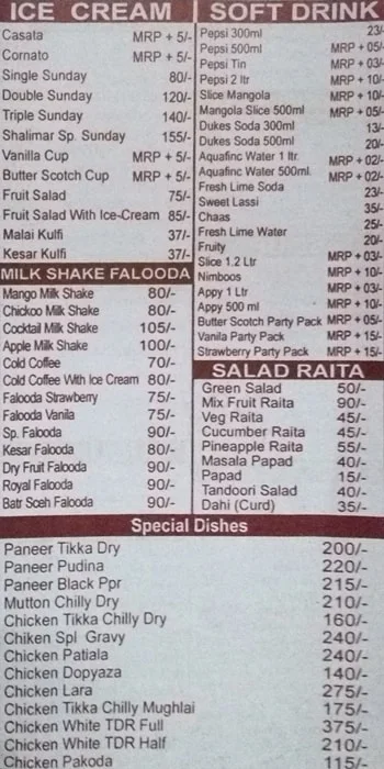 Shalimar Restaurant menu 