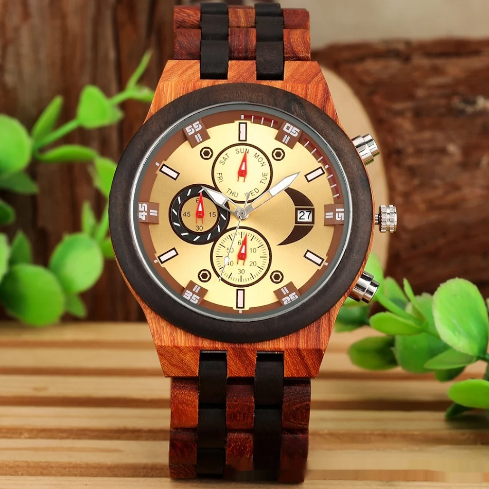 Nouvelle montre à quartz multifonctionnelle avec calendrier et bracelet en bois complet. Pour une organisation quotidienne et un style raffiné.