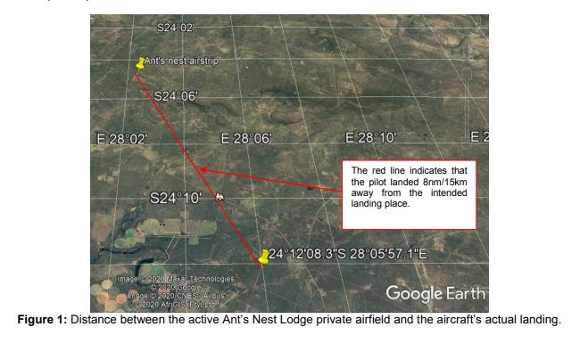 A map showing the distance between where the pilot should have landed, and where he actually did.