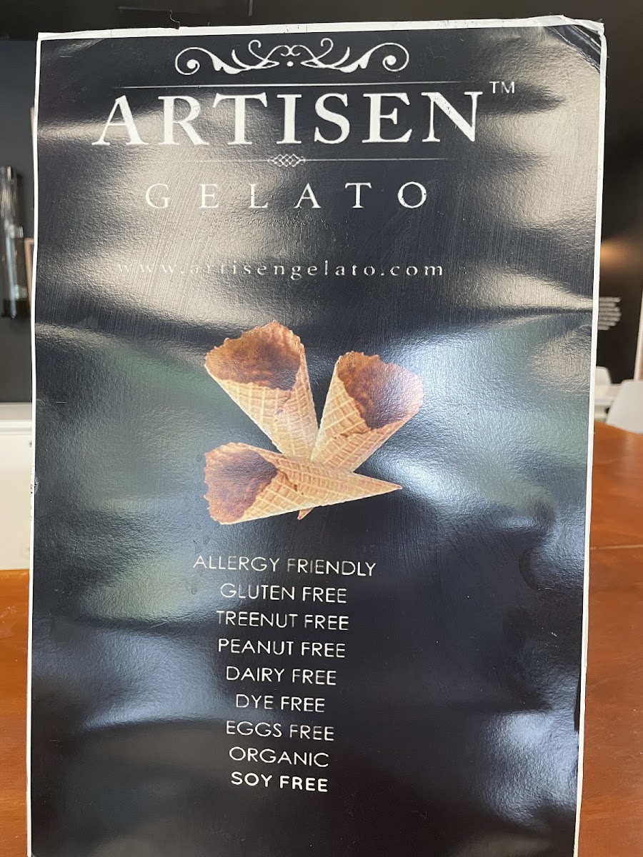 Artisen Gelato gluten-free menu