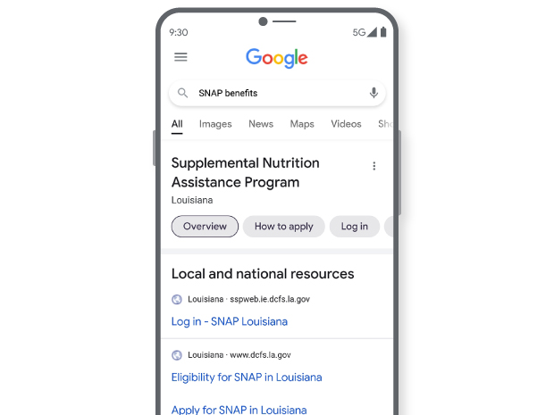 An image of a phone shows the results for a Google search: "SNAP benefits." The page shows detailed and localized results for SNAP eligibility and links to apply.