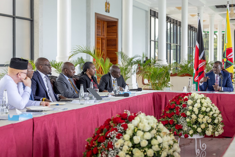 President William Ruto chairs a meeting with the Emergency Multi Agency response team on Floods at State House, Nairobi on April 25, 2024.