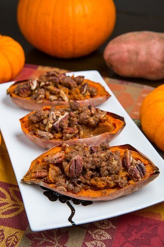 Twice Baked Sweet Potato Potato Skins with Pecan Streusel (aka Individual Sweet Potato Casserole)