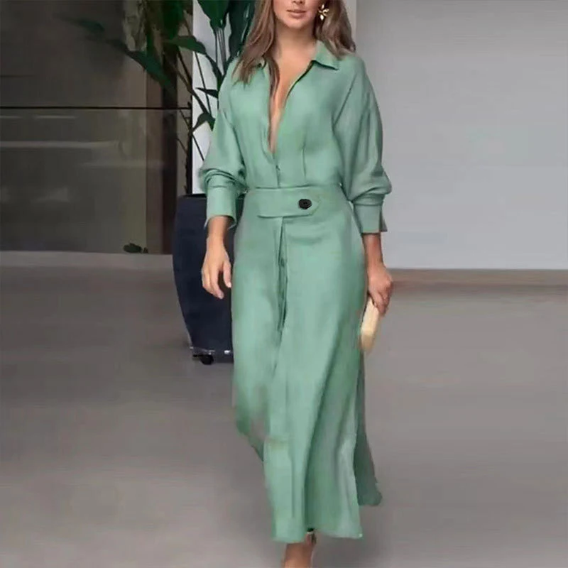 Elegante Dames Hemdjurk met Strik in de Taille, Effen Kleur en Lange Mouwen. Ideaal voor een stijlvolle en comfortabele outfit