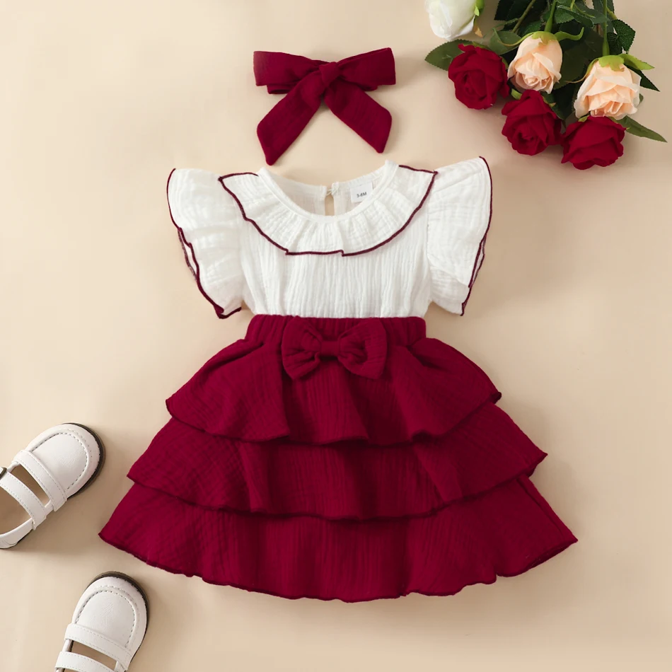 Europese en Amerikaanse Baby Girl Bow Cake Dress, patchwork, ruches, mouwloos, modieus, ideaal voor speciale gelegenheden.