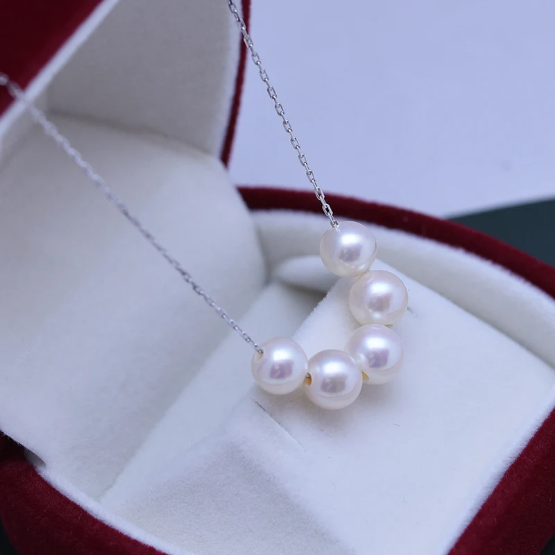 Collar con colgante de perla de agua dulce, círculo perfecto de 6-7mm, plata S925, ligero y fino, estilo sonrisa.