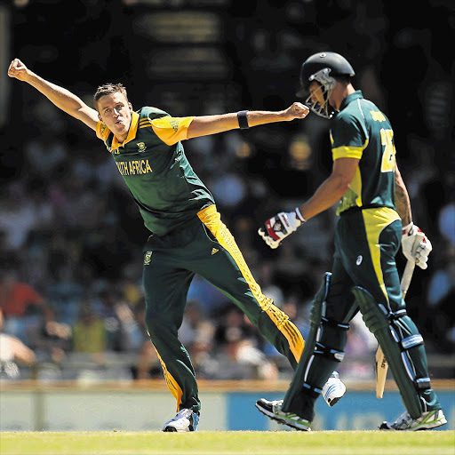 FLYING HIGH: Morné Morkel of South Africa after dismissing Mitchell Johnson of Australia during the ODI at the Waca in Perth, Australia