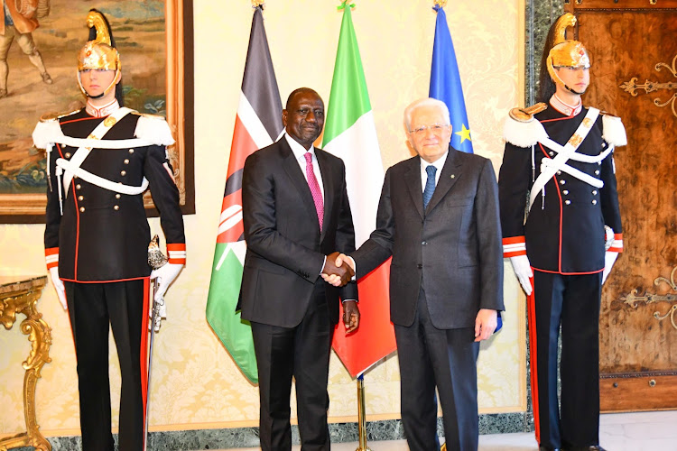 President William Ruto shakes hand with Italy president Sergio Mattarella in Italy on January 30, 2024.