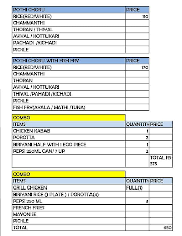 Ponnus Family Restaurant menu 