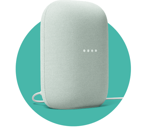 white Google Nest Bluetooth speaker with a teal background