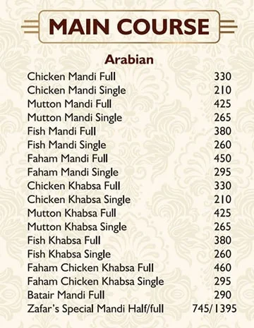 Zafars Mandi & Grill menu 