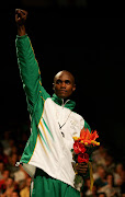 Bongani Mwelase celebrates after winning the Welterweight 69 kg Gold Medal at the Melbourne 2006 Commonwealth Games.