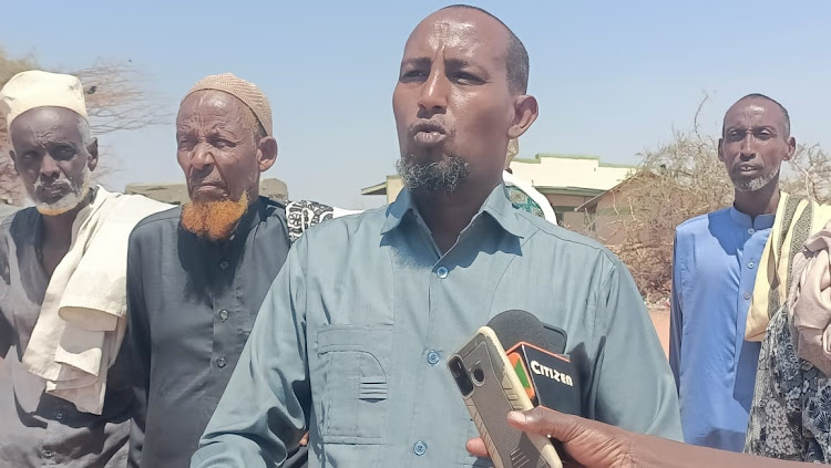 Baraki MCA Hassan Geley speaking during the commissioning of the 60,000 cubic mete tank in Lagdera