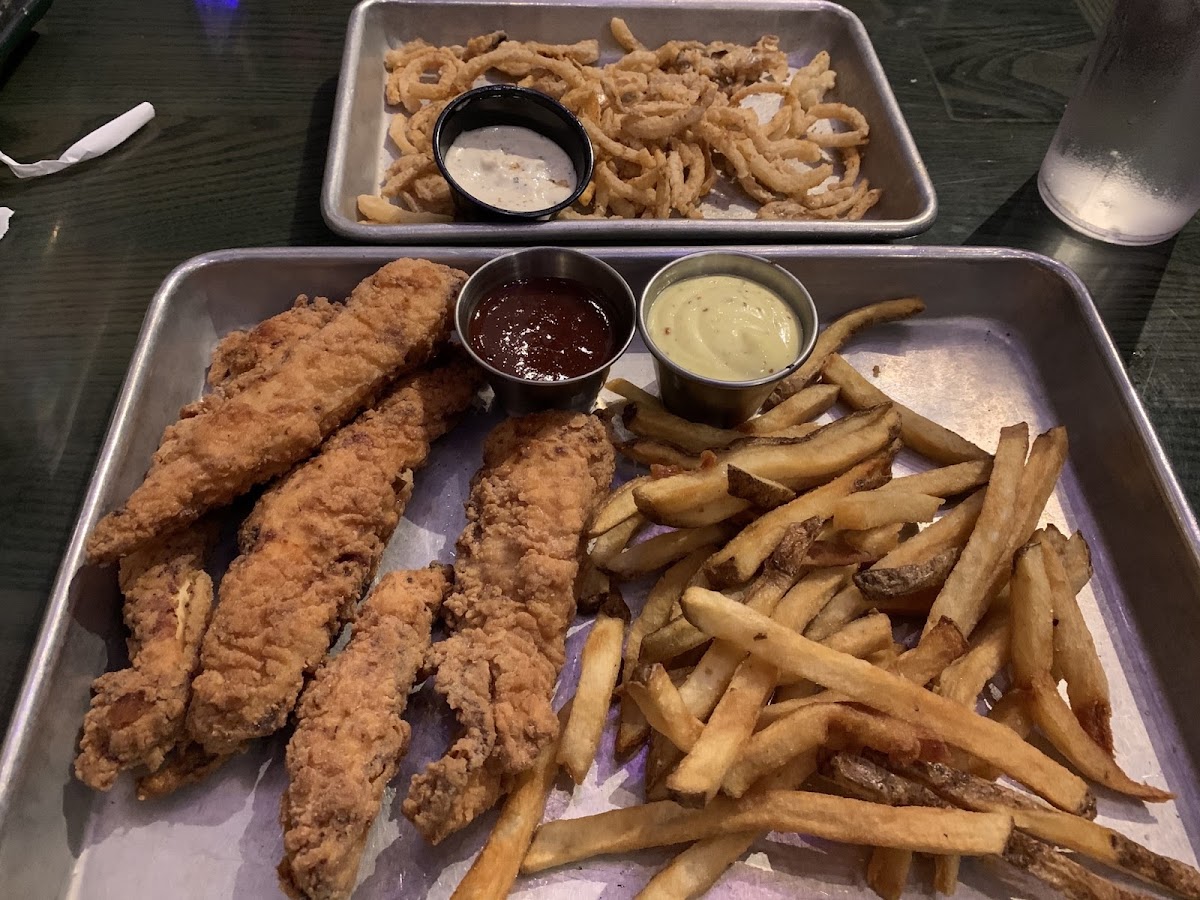 Chicken tenders, fries and onion rings. Large portions and oh so good!