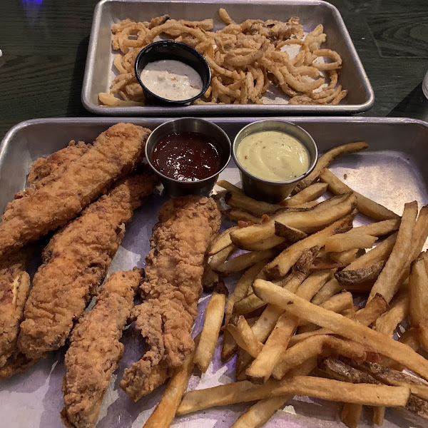 Chicken tenders, fries and onion rings. Large portions and oh so good!