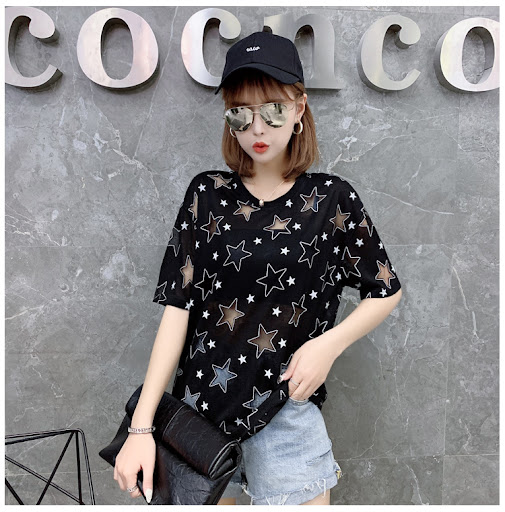 Title 3, XINGX Top Loose Mesh Hollow Pentagram Short Sle...
