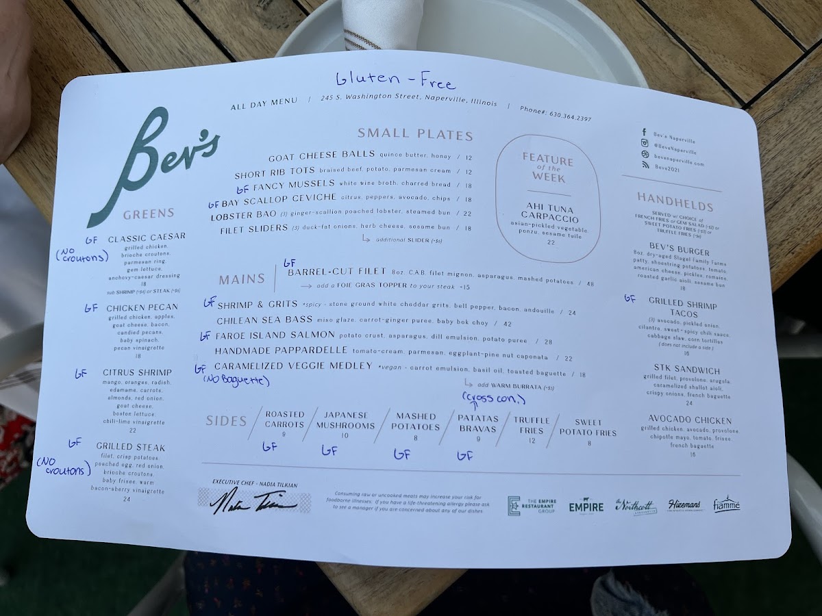 Bev's gluten-free menu