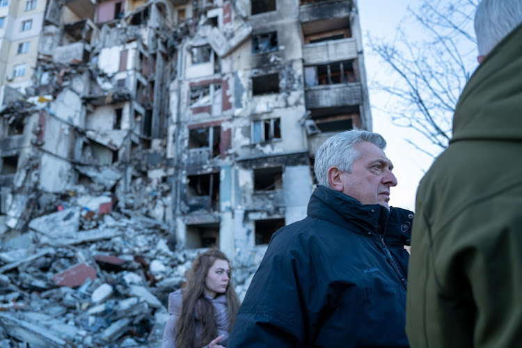 Filippo Grandi, the UN high commissioner for refugees, tours parts of Kharkiv that were destroyed by Russian missiles, January 24 2023. Picture: SPENCER PLATT/GETTY IMAGES