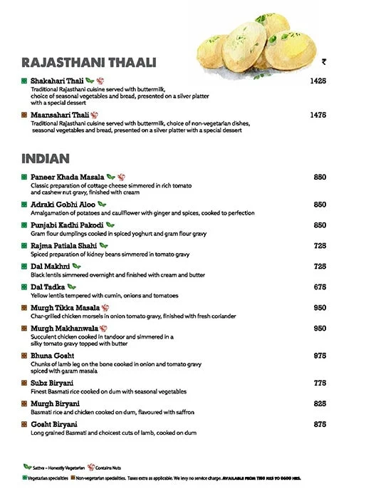 Jaipur Pavilion - ITC Rajputana Hotel menu 