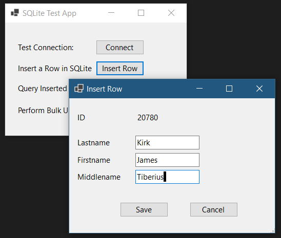 The insert row form loaded and with data for saving later.