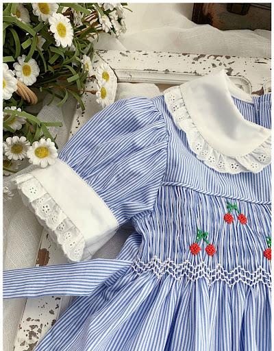 Title 6, New Retro Blue Striped Handmade Cherry Puff Sle...