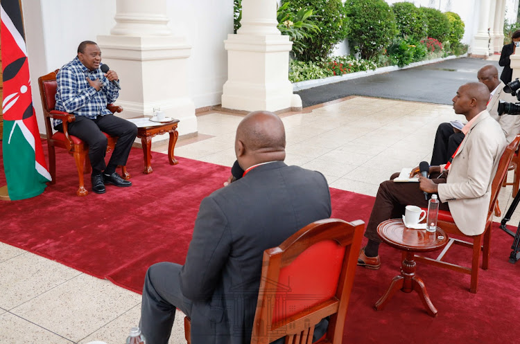 President Uhuru Kenyatta during an interview with three local FM radio stations - Kameme, Inooro and Coro at State House, Nairobi on Tuesday, April 7, 2020.