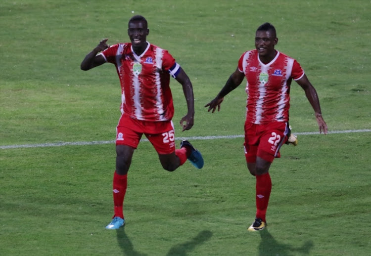 Siyanda Xulu and Mohau Mokate of Maritzburg United celebrate the winning goal during the Nedbank Cup, Last 16 match between Royal Eagles and Maritzburg United at Princess Magogo Stadium on March 11, 2018 in Durban.