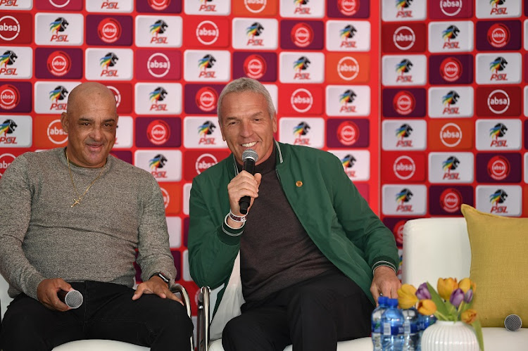 Highlands Park Coach Owen da Gama and Kaizer Chiefs coach Ernst Middendorp during the Absa Premiership Launch at Absa Contact Centre on July 29, 2019 in Johannesburg, South Africa.