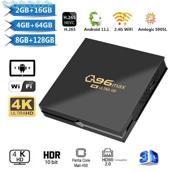 Set Top Box Gogoup Q96 Max 4K H.265 Amlogic S905L Tv Box 2022 Android 11 8Gb+128Gb Thông Minh 2.4G Wifi Quad Core