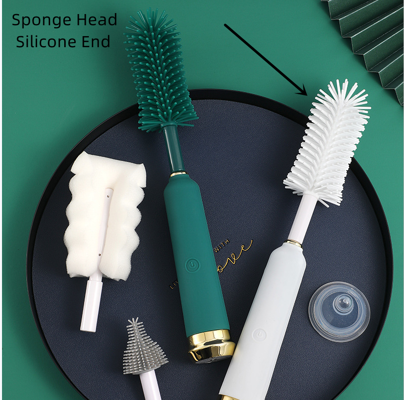 Escova elétrica para mamadeiras, kit combinado, canudo, silicone e chupeta. Limpeza completa e prática para o seu bebê.