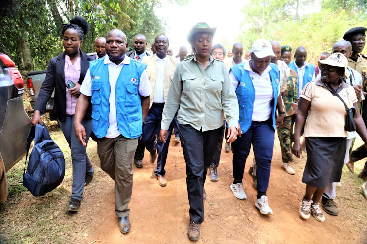 Kakamega Governor Fernandes Barasa with Environment and Climate Change CS Soipan Tuya arrive at Isecheno KFS camp in Kakamega forest on Friday, February 24, 2023.